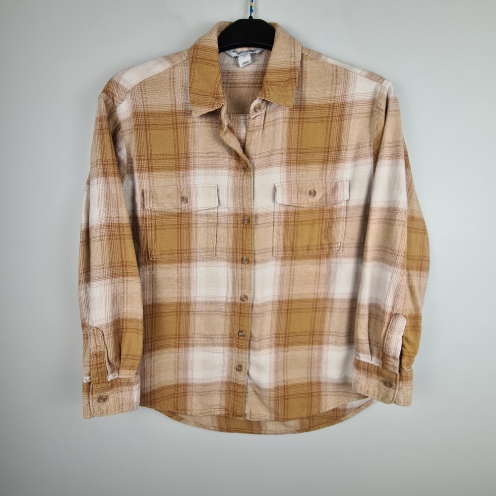 Old Navy The Boyfriend Shirt‎ Cream Plaid Flannel Button-up Cotton Womens Medium